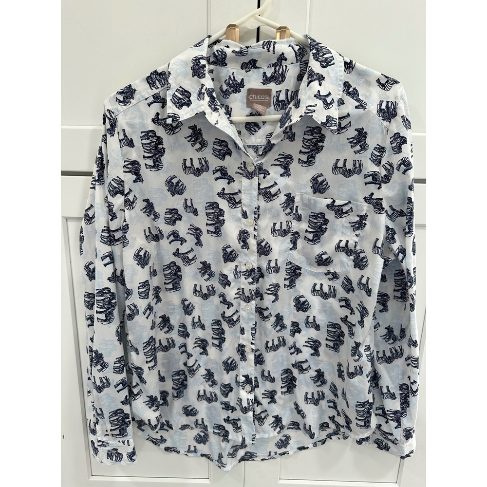 Chico's Zebra Elephant Animal Print Button Down Shirt Navy White Size 2 Large